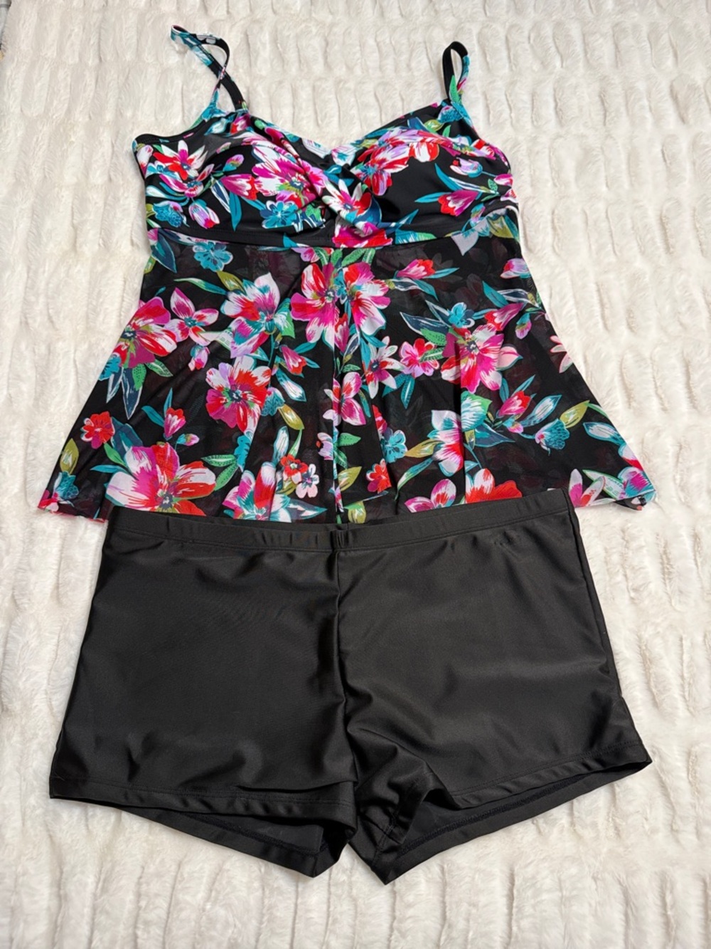 croft & barrow Black Floral Tankini with Black Swim Shorts